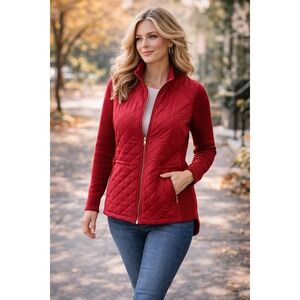 Jones NYS ignature Red Quilted Jacket Knit Sleeves Full Zip Lightweight Coat XL